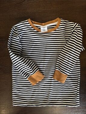 Kids Black & White Striped Long-Sleeve Top with Mustard Trim